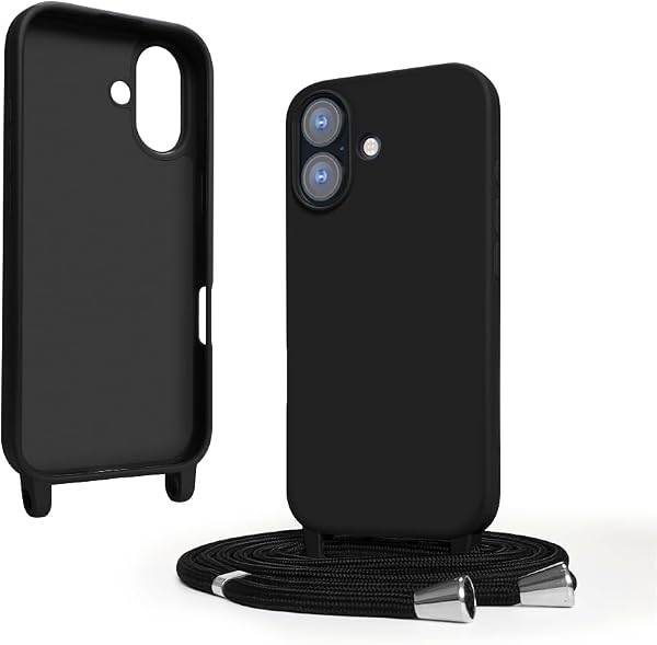 Coque Ququcheng noire pour iPhone 17 avec lanière intégrée pour un usage mains libres.