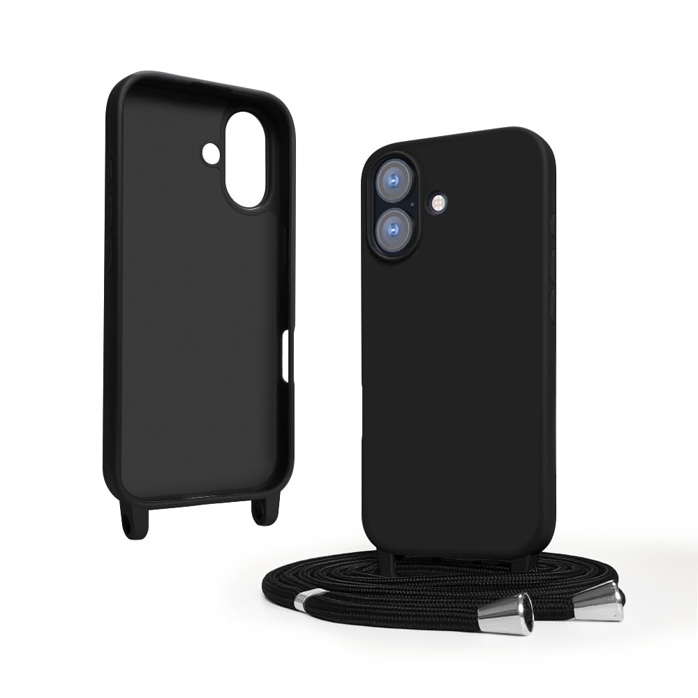 Coque Ququcheng noire pour iPhone 17 avec lanière intégrée pour un usage mains libres.