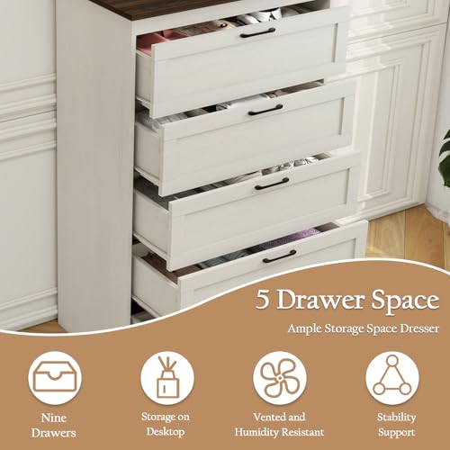 Vikiullf Tall Dresser with 5 Drawers - Wooden Chest of Drawer,Farmhouse Dresser for Bedroom, Storage Drawers for Bedroom, Living Room, Hallway, Entryway Organizer, Rust Oak White