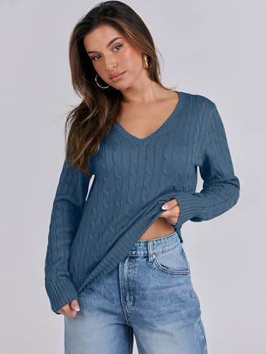 Image of ANRABESS Women's Cable Knit V Neck Fitted Sweaters