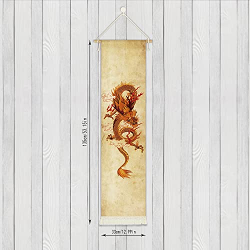 Hanging Poster Canvas Wall Art Paintings Of Chinese Dragon Tapestry Asian Traditional Chinese Soaring Dragon Golden Dragon Totem Wall Tapestry Wall Decor For Room (13''X 56''/33X142Cm) #TOP2