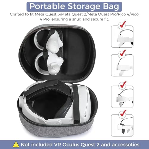 Image of Ethylene Vinyl Acetate (Eva) Hard Carrying Case For Meta Quest 3 /Meta Quest 2 /Meta Quest Pro Virtual Protectio Compatible With Original Official Elite Head Strap, Grey