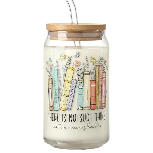 SUPREME LIGHTS ·2017· Book Lovers Gifts - 16 oz Glass Coffee Cups with Lids and Straws, Bookworm, Readers, Book Lovers Cute Glass Cups Gifts for Women Men Boys Girls Kids, Reading Accessories