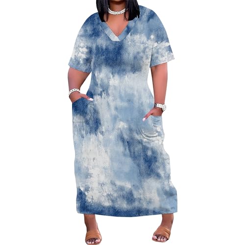 Image of Plus Size Maxi Dress for Women Short Sleeve V Neck Casual Loose Sundress with Pockets