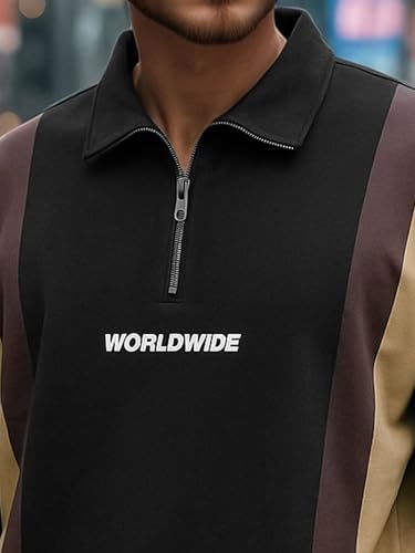 Image of Jump Cuts Mens Printed Polo Neck Half Zipper Full Sleeve Black & Beige Cotton Blend Polo T-Shirt for Men