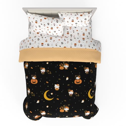 Sanrio Hello Kitty Halloween Pumpkin Queen Bed Set – Super Soft & Cozy 5 Piece Reversible Comforter and Sheet Set (Officially Licensed Product) by Franco