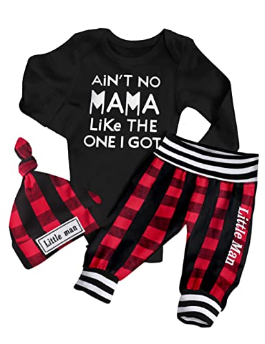 Image of AGAPENG Baby Boy Clothes 0-3 Months Christmas Baby Boy Outfits Infant Letter Print Romper Red Black Plaid Pants Hat Baby Boy Christmas Clothes Baby Boy Gifts