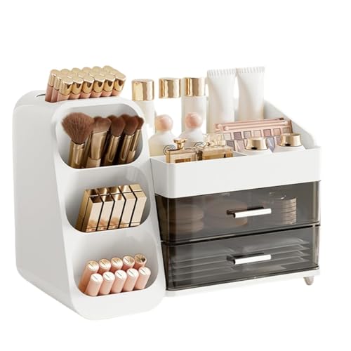 Yieseang Makeup Organizer Countertop Vanity Organizer with Brush Holder Cosmetic Display Case with Drawers Skincare Organizer for Dresser Bathroom Makeup Storage Holder for Women (pearl white)