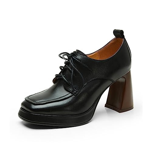 Women's Retro Thick Sole Chunky Heel Oxford Shoes Lace Up Square Toe Comfortable High Heels Ladies Dress Shoes