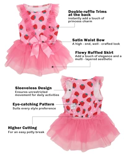 Image of CuteBone Pink Strawberry Pet Dress for Small Dogs, Cats - Double-Layer Ruffled Skirt - Satin Bow - Sweet Daily, Playdate Dress