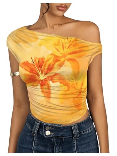 WDIRARA Women's Floral Print One Shoulder T Shirt Ruched Cap Sleeve Asymmetrical Neck Crop Tops Yellow Small