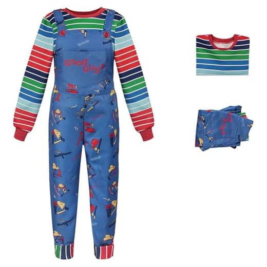 Windskids Chucky Disfraz Adultos Cosplay Horror Muñecas Chucky Top a Rayas y Pantalones para Unisex Fancy Dress Up Halloween Carnaval Fiesta Cumpleaños Tema Mascarada Actuaciones Costume