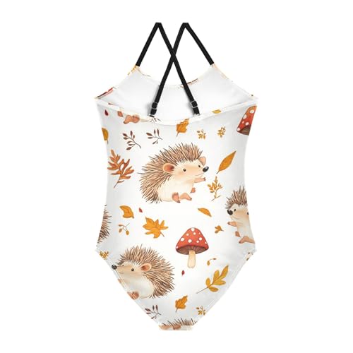 Cute Hedgehogs Girls One Piece Swimsuits Mushroom Hat Sport Halter Swimwear Beach Bathing Suit 3T2