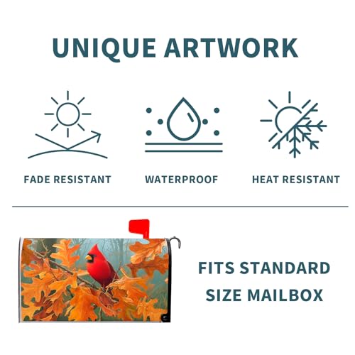 Image of Miaoquhe Autumn Red Bird Mailbox Cover Magnetic Standard Size 21x18 Inch Fall Maple Leaves Mailbox Wrap Fall Mailbox Post Cover Decor Holiday Letter Box Wraps for Home Outdoor Outside Garden Yard