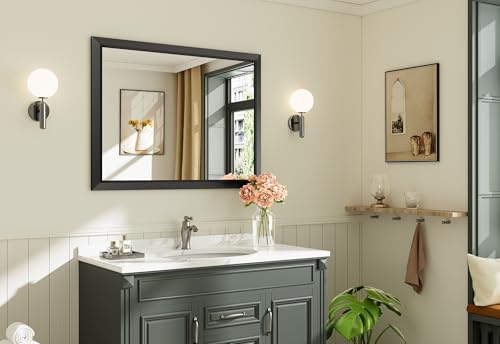 40x30 Inch Black Bathroom Mirror for Wall, Thick Metal Framed Rectangle Mirrors for Over Sink, Bedroom, Living Room, Entryway, Anti-Rust, HD Tempered Glass