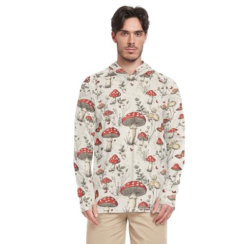 Red Mushrooms Flowers Retro Beige Sun Shirts Hoodies for Men Long Sleeve Swim Shirts UPF 50+ Farmer Shirt S