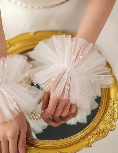 Short Lace Fingerless Gloves White Pearl Tulle Wedding Gloves for Women Hallowmas Party Costume Accessory2