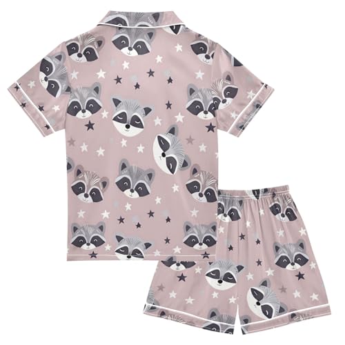 Cute Little Raccoon with Stars Summer Satin Pajama Set, Cute Button-Down Sleepwear Pj Set for Sleep Wears2