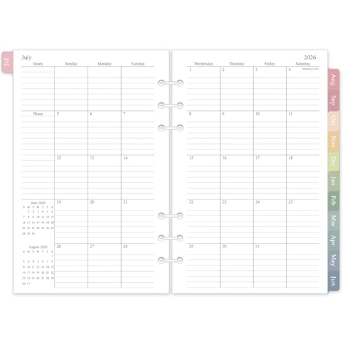 2026-2027 Monthly Planner Refill Jul. 2026 - Dec. 2027 A5 Medium Planner Inserts for 6 Holes 5.5x8.5 18 Monthly Calendars with Colorful Laminated Tabs 6-Hole Punched