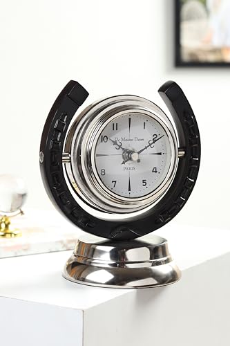 Image of Decor de Maison Brings Handcrafted Equestrian Table Clock for KidsRoom, Living & Bed Room, Study Table, Office|Classic Non-Ticking Tabletop Battery Operated Analog Desk Clock in Silver (15x10x17cm)