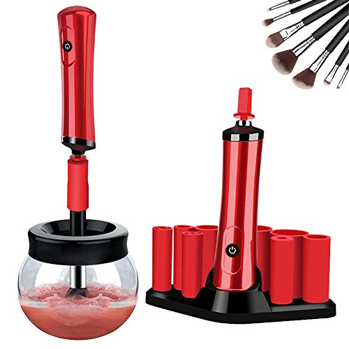 Makeup Brush Cleaner and Dryer Kits, Electric Make up Brushes Spinner Cleaning Device with 8 Size Collars for Most Brushes, Instantly Wash and Dry Spinner Tool for Makeup Brushes (Red)