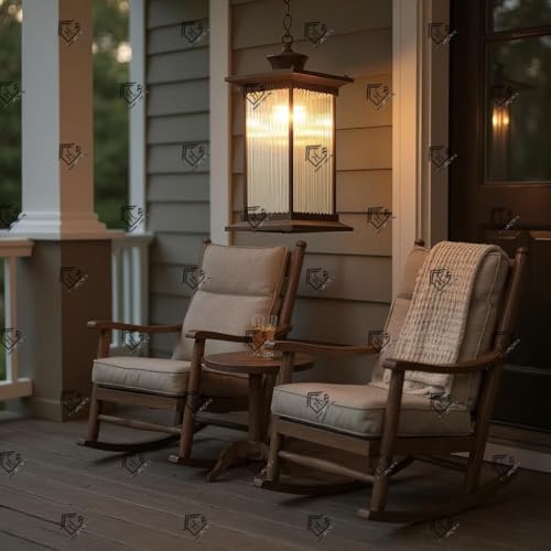 Image of Outdoor Wall Lantern Light, Black Finish, Ribbed Glass Shade and Black Hanging & Gate Light (Half Wall, 1) (Hanging LAMP, 2)