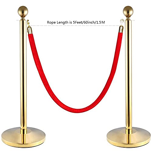 Red Velvet Stanchion Rope Crowd Control Rope Barrier With Gold Color Plated Hooks, 5 Foot #TOP4