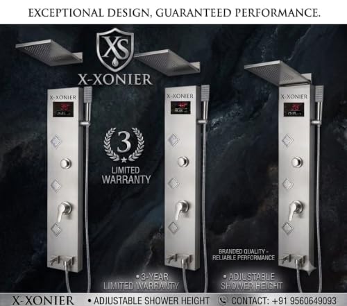 Image of X-XONIER Luxury 5in1 Thermostatic Shower panel System,front Power front jet,Large Overhead shower Handheld, Tub Spout,Hot$Cold mixture, temperature display shower set panel