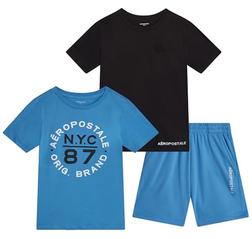 Image of AEROPOSTALE Boys Athletic Shorts Set - 3 Piece Performance Short Sleeve Graphic Boys T Shirts & Fleece Shorts (Size: 8-12)