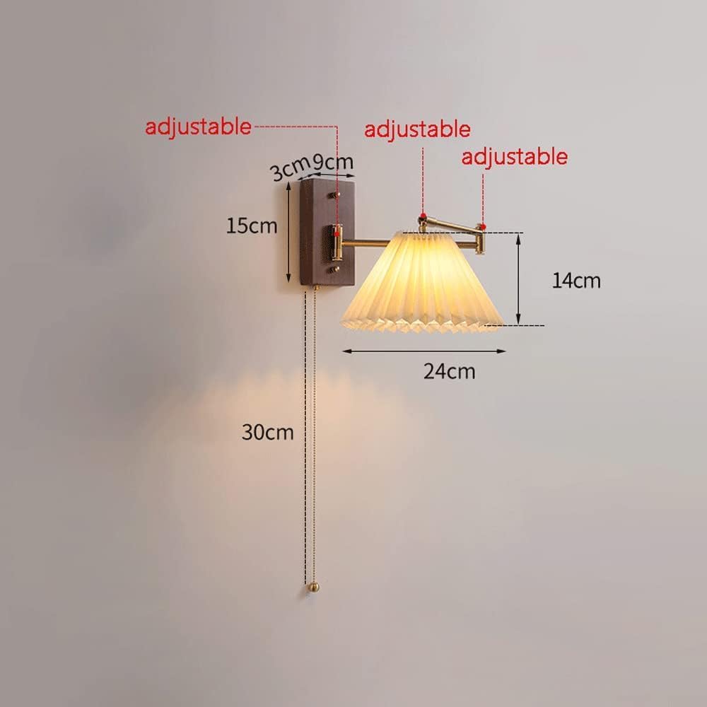 Modern Home Decoration Brass Swinging Arm Wall Lamp Fabric Shade Rustic Wood Wall Mounted Light with Pull Chain Switch Gold Reading Light Long Arm Vintage Wall Sconces for Bedside Bedroom