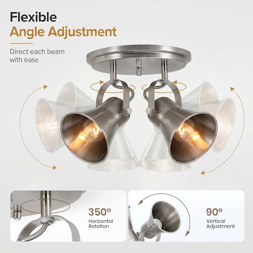 Image of Nickel Kitchen Ceiling Light Fixture, 2-Light Adjustable Track Lighting, Modern Flush Mount Directional Light for Hallway, Bathroom, Dining Room