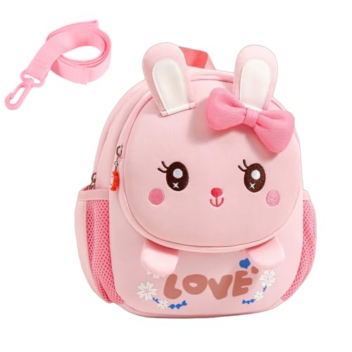 Toddler Backpack Cute Bunny Backpack with Leash and Chest Buckle Mini Kids 3D Cartoon Travel Bag for Girls 3-6