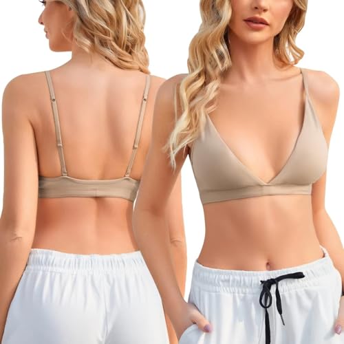 Image of INIBUD Bralette for Women Removable Padded Bra Yoga Seamless V Neck Triangle Adjustable Straps Wireless