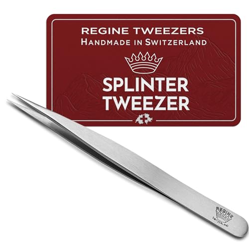 Regine Switzerland Splinter Tweezers – Professional Tweezer with Precision Point Needle Nose for Splinter, Ingrown Hair & Glass Extraction – Stainless Steel Sharp Tool for Men & Women – Silver