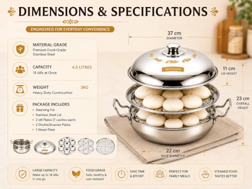 Image of MOHAM Stainless Steel Idli Maker, Dhokla & Momo Steamer Pot with 2 Idli Plates (14 Idlis), 2 Khaman /Dhokla Plates, 1 Patra Plate | Multipurpose Steam Cooker with Lid | Heavy Gauge Food Grade Steel | Mirror Finish | Gas & Induction Compatible