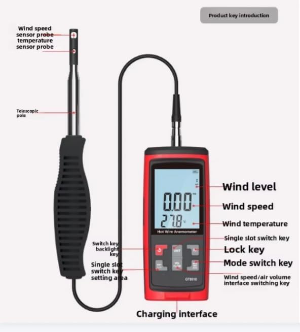 GT8916 High Accuracy Backlight Hot Wind Speed Gauge Wire Anemometer