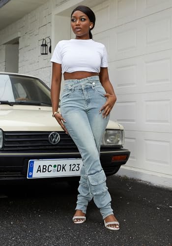 Tbahhir Denim Cargo Jeans for Women Skinny High Waisted Jean Criss Cross Stretchy Trousers Y2K Streetwear3