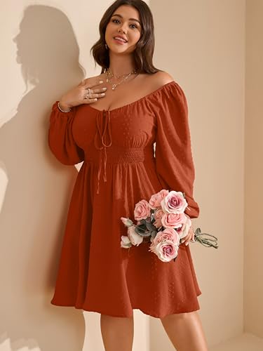 RWJ Women's 2025 Fall Wedding Guest Dresses Long Sleeve Smocked Square Neck Swiss Dot Party Plus Size Mini Dress4