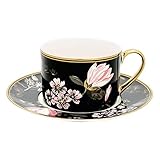 GreenGate - Cup & Saucer - Tasse mit Untertasse/Kaffeetasse/Teetasse - Amelie Black - New Bone China Porzellan - Schwarz/Bunt/Gold - H: 7cm - Nicht Spülmaschinenfest/Nicht Mikrowellengeeignet
