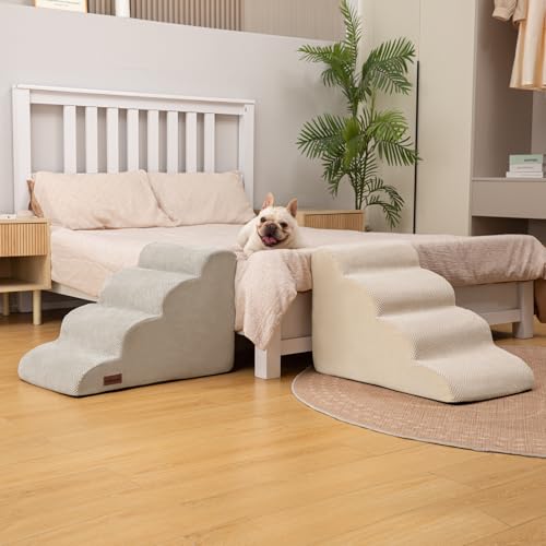 Image of Aodisman Dog Steps for Bed or Couch,4 Step Pet Stairs for Small Dogs & Cat | Curved dog ramp help small dogs,senior cats and puppies get on and off couches and beds,non-slip bottom,17.4 inch H,Light Grey