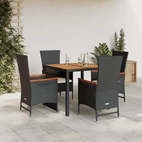 YunCangg Juego de comedor de jardín de 5 piezas con cojines de poliratán negro, resistente a la intemperie, para terraza, balcón, mesa, silla, sillón, muebles de exterior