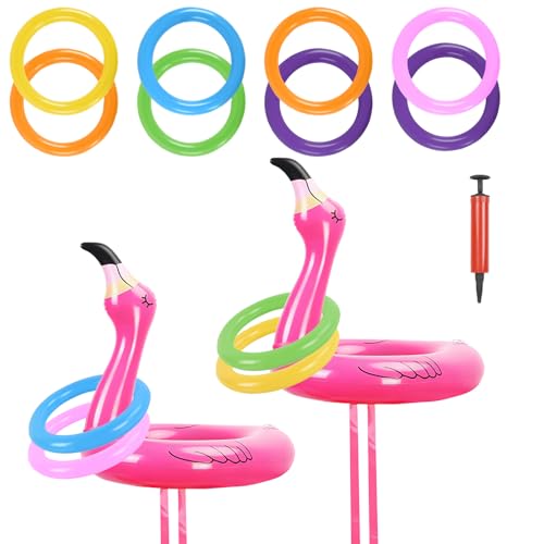 2 Flamingo Aufblasbar Wurfspiel, Kinder Ringwurfspiel, Pool Party Spielzeug Toss Game Party Hüte, Sommer-Pool-Party im F...