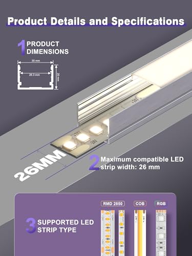 ClarivantiLED Profil LED aluminiowy 1 (17,4 × 7 mm kształt litery U (z krawędzią), 10 x 2 metry)