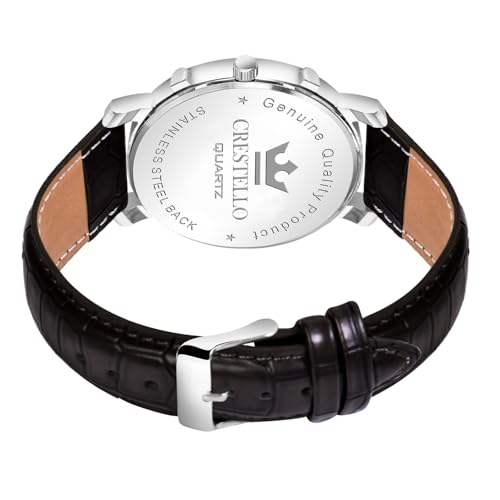 Image of CRESTELLO Brown /Green /Black Leather Strap Analog Wrist Watch with Day-Date Display for Men (Silver /Green /Brown /Black Dial) | CR-WT210