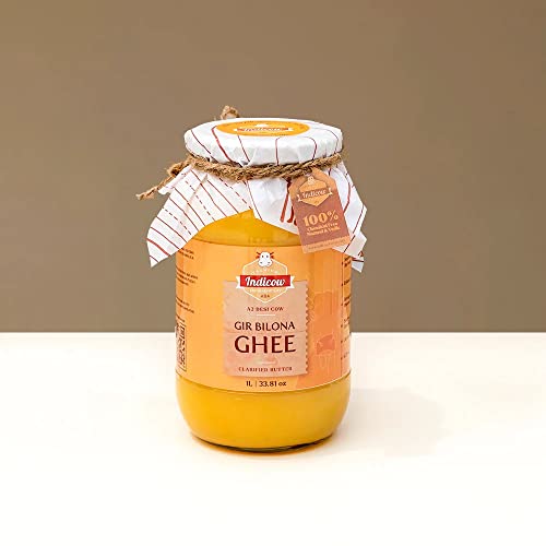 Image of Indicow Organic Dairy Foods Pure Authentic A2 Gir cow Ghee | Bilona Curd-Churned, Cruelty-Free, Ayurvedic| Grass Fed Cows (1000ml(1ltr), Gir) | Glass Packaging