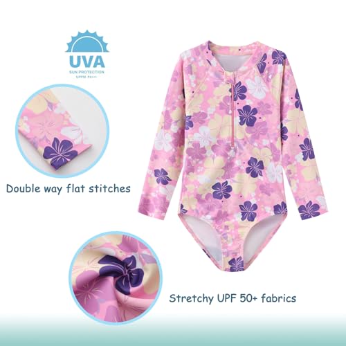 Image of Girls One Piece Swimsuits Long Sleeve Rash Guard for Kids Girls Hawaiian Swim Shirts UPF 50+ Sun Protection