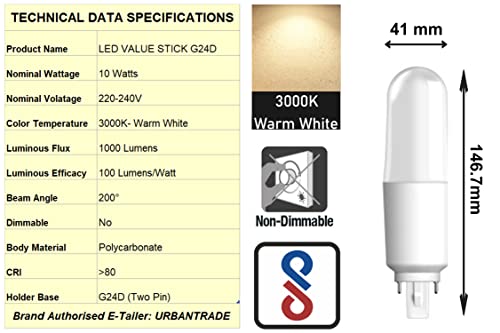 Image of LEDVANCE Osram 10 Watt G24d Led Value Stick PL Lamp Cross Pin 230V- Warm White 3000K- Pack of 8