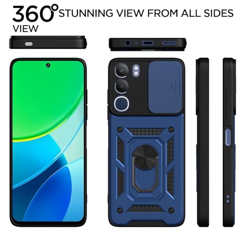 Image of Pikkme Back Cover for Vivo Y29 5G / Vivo Y19s | D10 Tough Armor | 360 Protection Case | Sliding Camera Shield Cover & Ring Holder Stand Bumper Case (Blue)