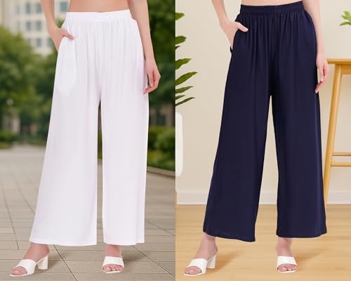 Image of Buy That Trendz Palazzo Pants for Women Cotton Rayon Elasticated Regular Fit Flared Wide Leg M to 6XL Pack of 2