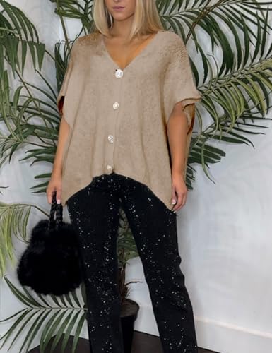 Image of Gihuo Women's Short Sleeve Sweater Cardigan Y2K Button Down Ribbed Knit Sweaters V Neck Oversized Going Out Tops(Khaki-M)